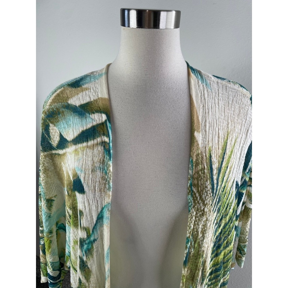 Chicos‎ Medium Tropical Palm Long Kimono Cardigan Green Teal Short Sleeve - Picture 2 of 9